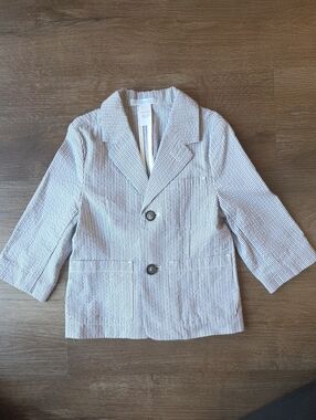 Janie and Jack Cotton Blue Seersucker Pinstripe Blazer Suit Top Boys size 18-24M